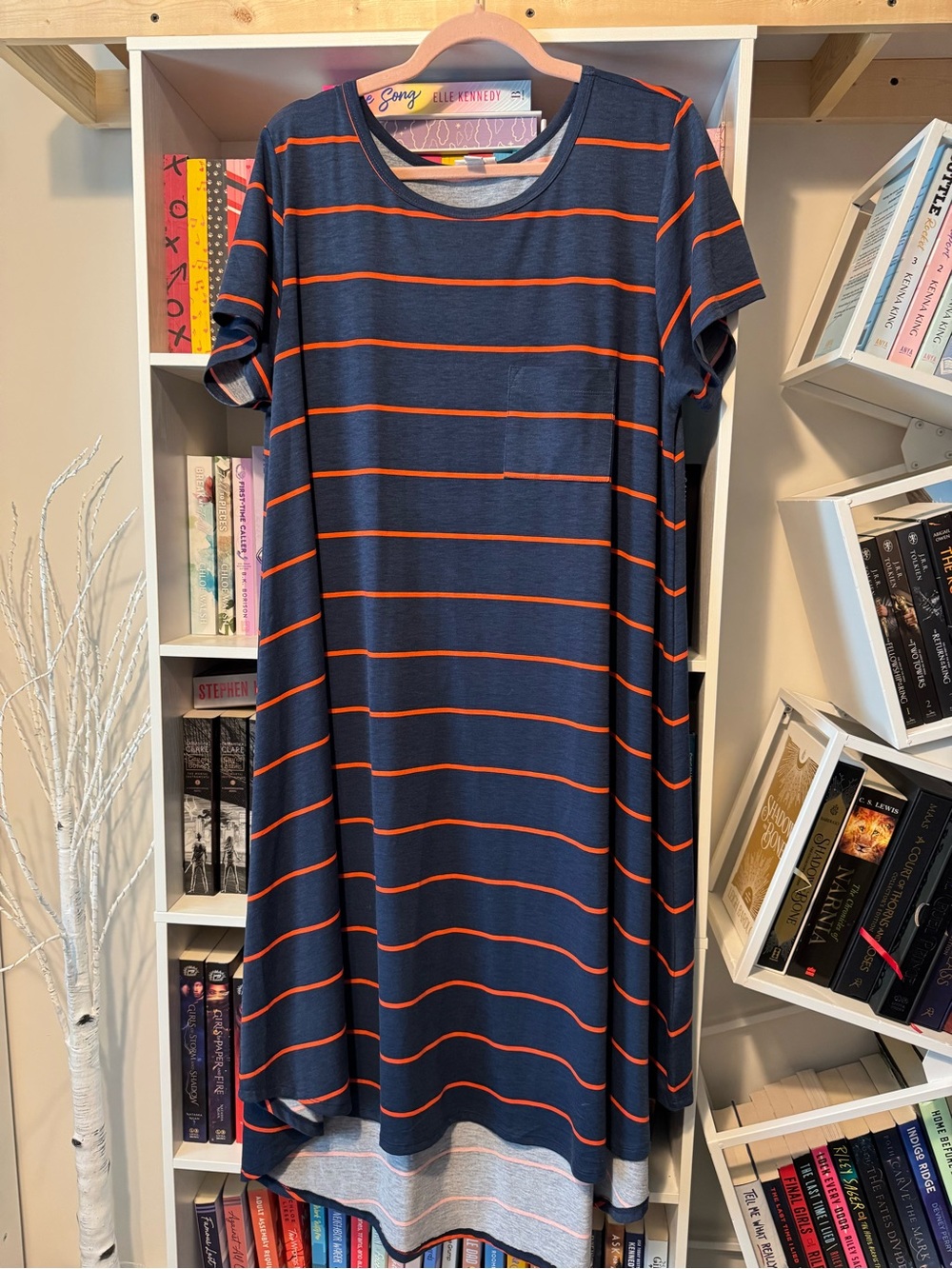 LuLaRoe Navy Blue Midi Dress with Orange Stripes